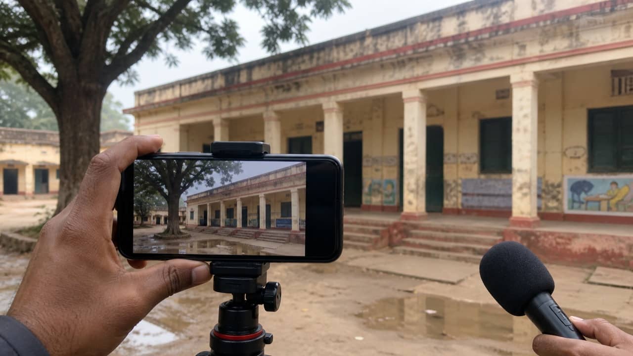 A smartphone recording the exterior of a government primary school