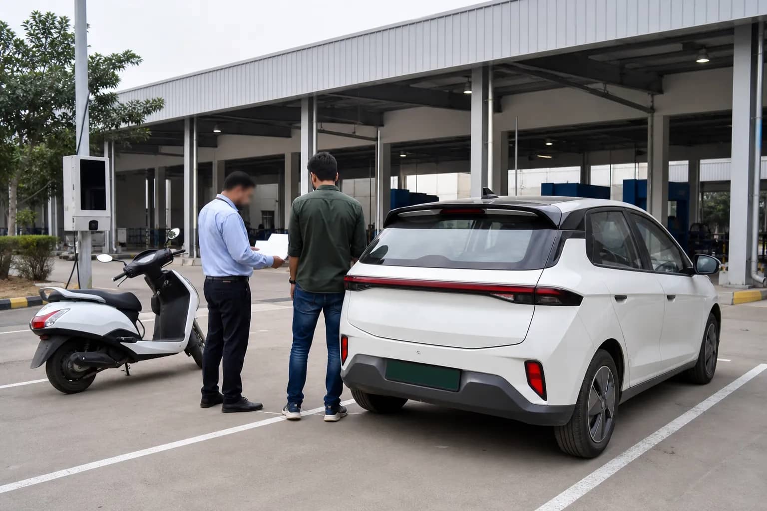 Electric car and scooter at a Gurugram vehicle registration centre