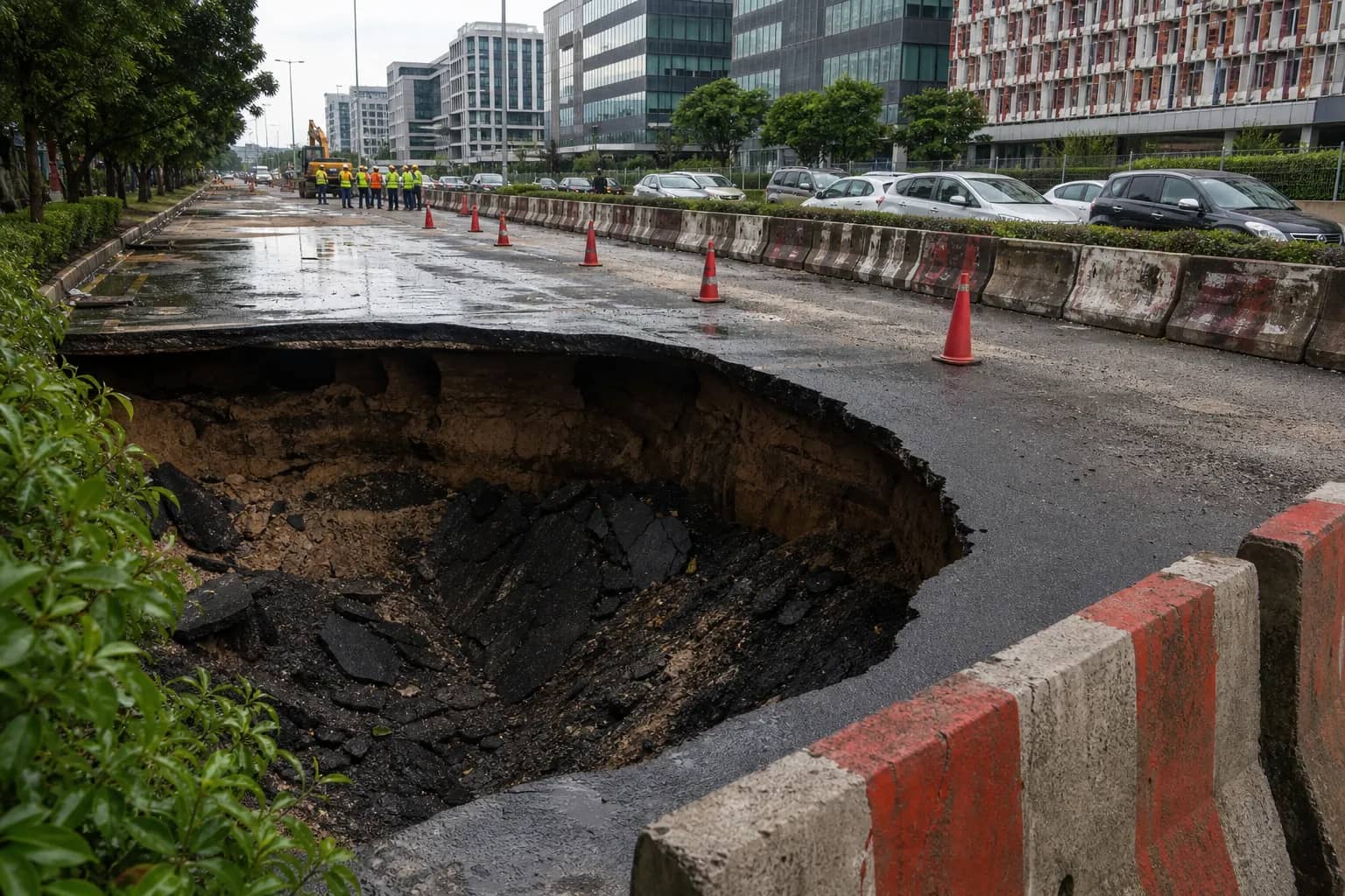 Barricaded road cave-in on a service lane near IFFCO Chowk