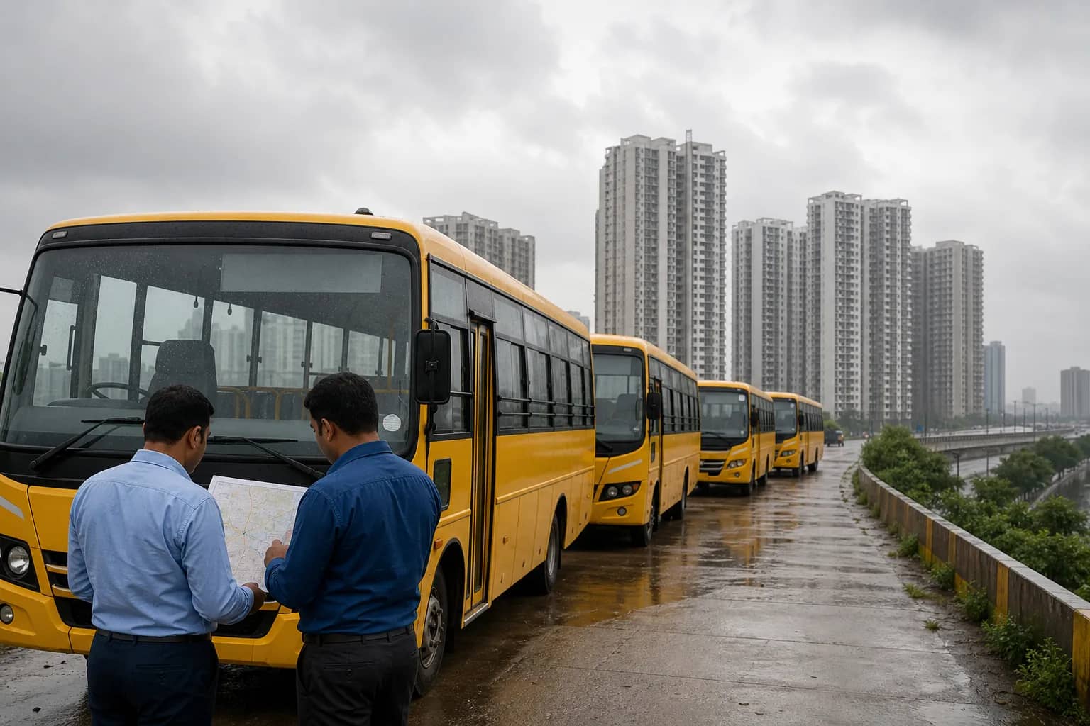 School buses waiting on a safe dry road during monsoon weather in Gurugram
