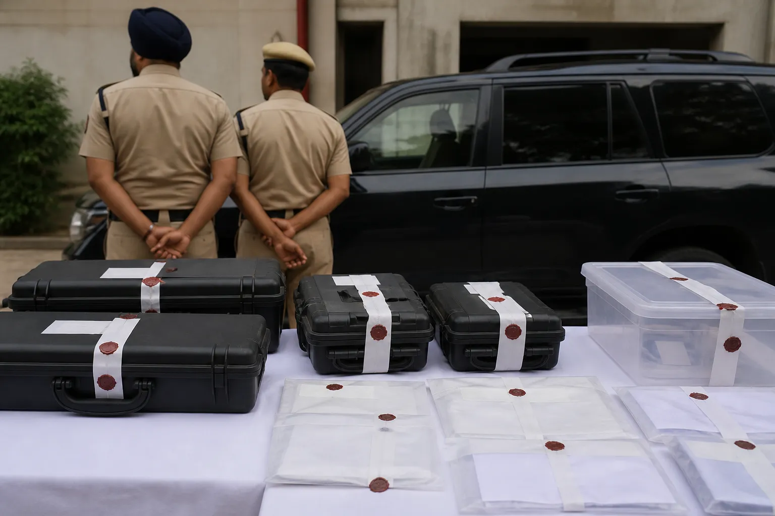 Sealed firearm cases and an unmarked SUV at a Gurugram police facility