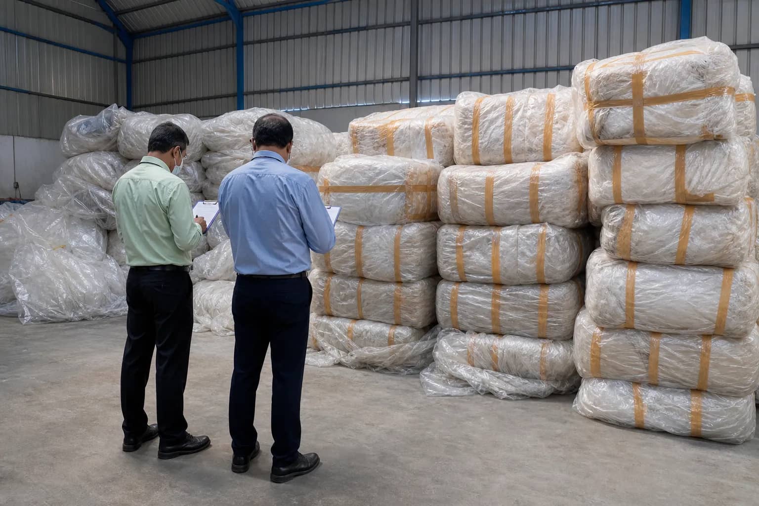 Sealed bundles of prohibited plastic at an inspection warehouse in Gurugram
