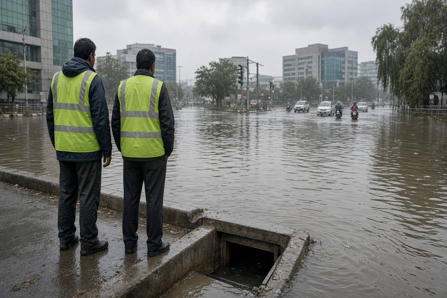 Waterlogged Gurugram junction with traffic moving slowly after monsoon rain