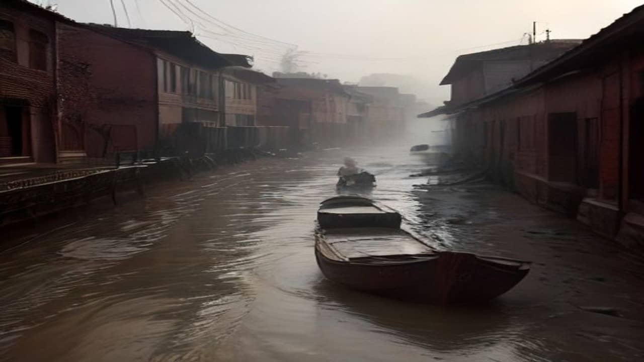 Illustrative photorealistic view of a swollen monsoon tributary at brick house doorways along a muddy Varanasi bank, no readable signs