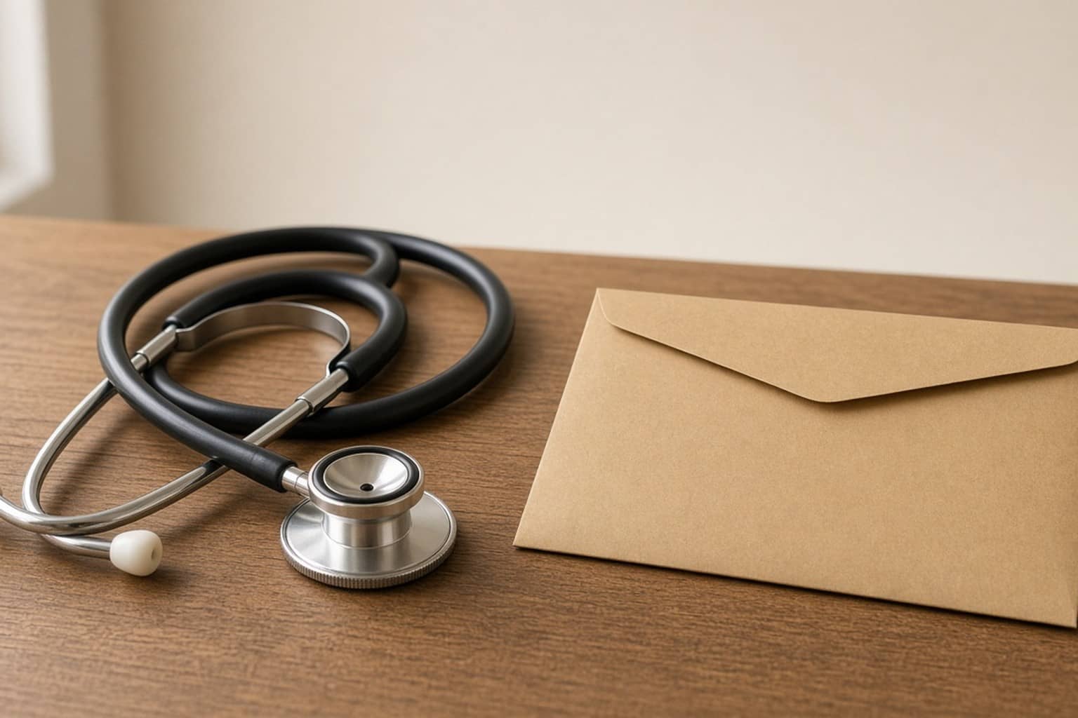 Representational illustration of a postgraduate medical examination desk with a result folder and laptop in an Indian academic office