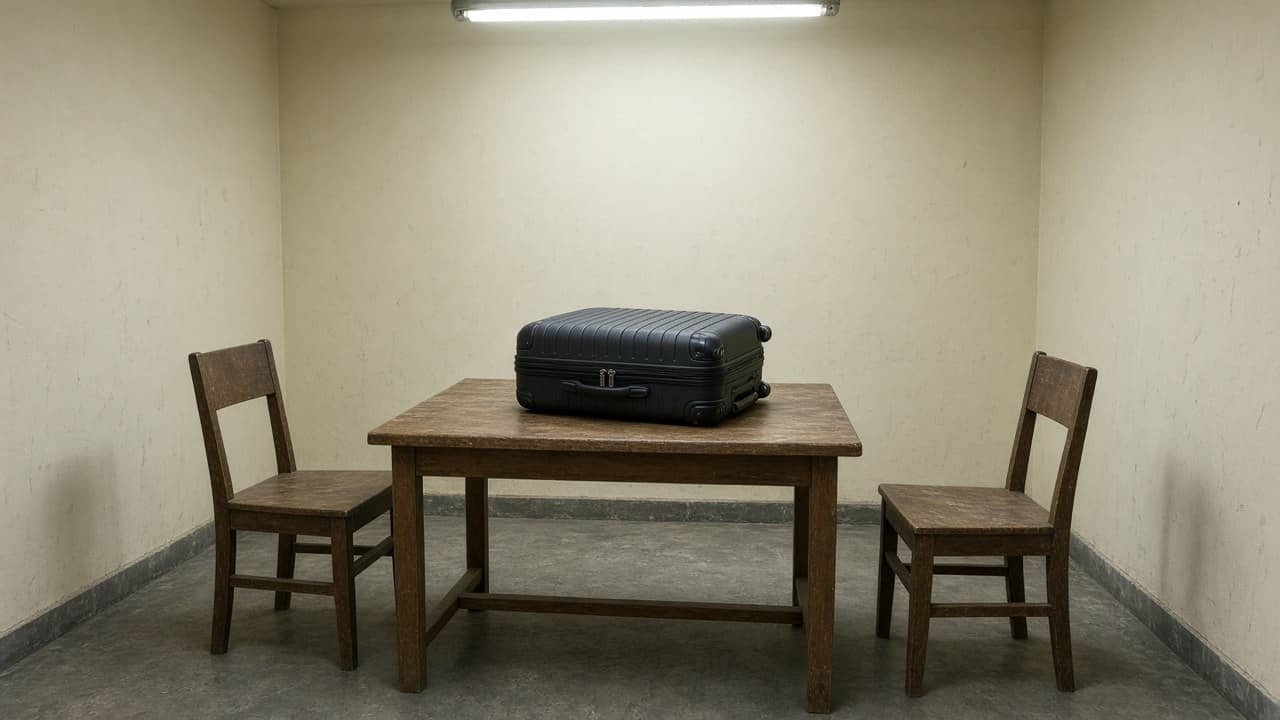 Illustrative photorealistic airport visitor-room with a closed suitcase on a wooden table between two empty chairs, no logos or readable signs