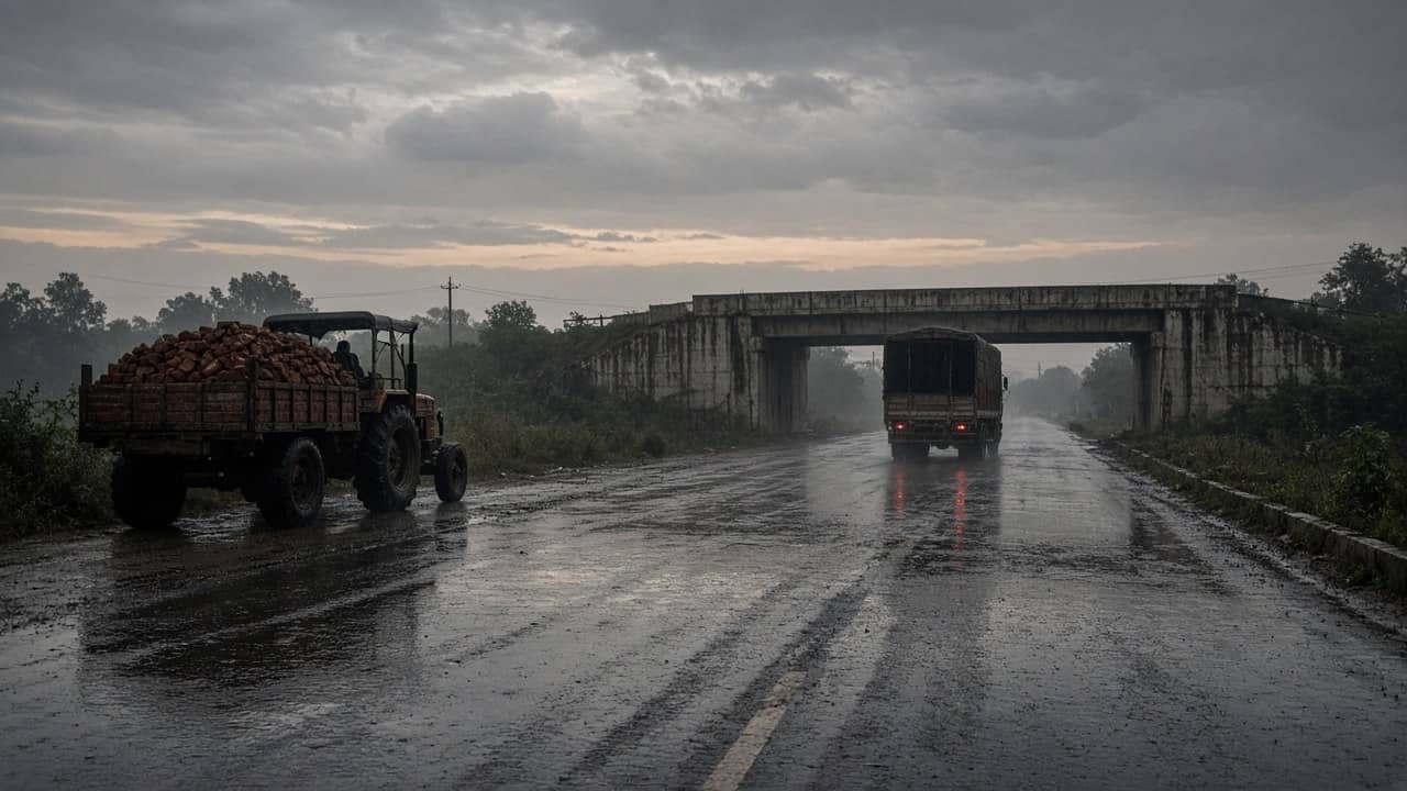 Illustrative photorealistic rain-wet Indian highway approaching a concrete underpass at dusk, brick-laden tractor-trolley and a truck ahead, no readable plates or signs