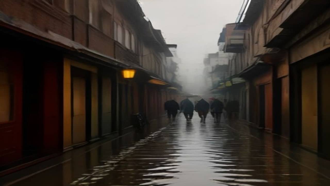 Illustrative photorealistic waterlogged Varanasi street in heavy monsoon rain with umbrellas seen from behind, no readable shop signs