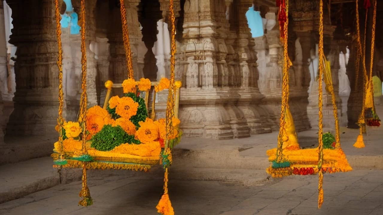 Photorealistic hanging wooden temple swings dressed with marigold flowers and green foliage among carved stone pillars in a North Indian temple hall, no readable signage