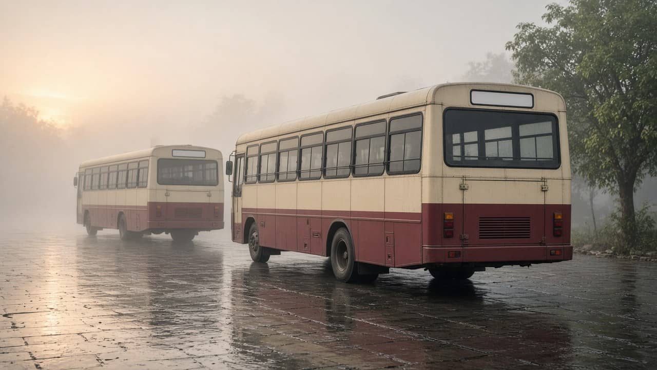 Photorealistic rear three-quarter view of cream-and-maroon intercity buses on wet tarmac in heavy dawn mist, destination boards blank, no logos or watermarks