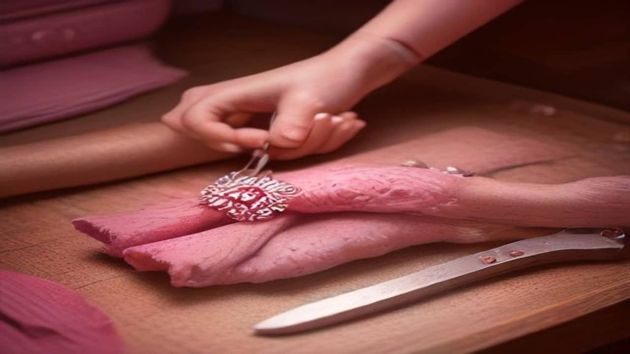 Photorealistic close-up of an artisan’s hand working a circular pink enamel silver ornament on a wooden bench with metal tools, no hallmarks or readable stamps