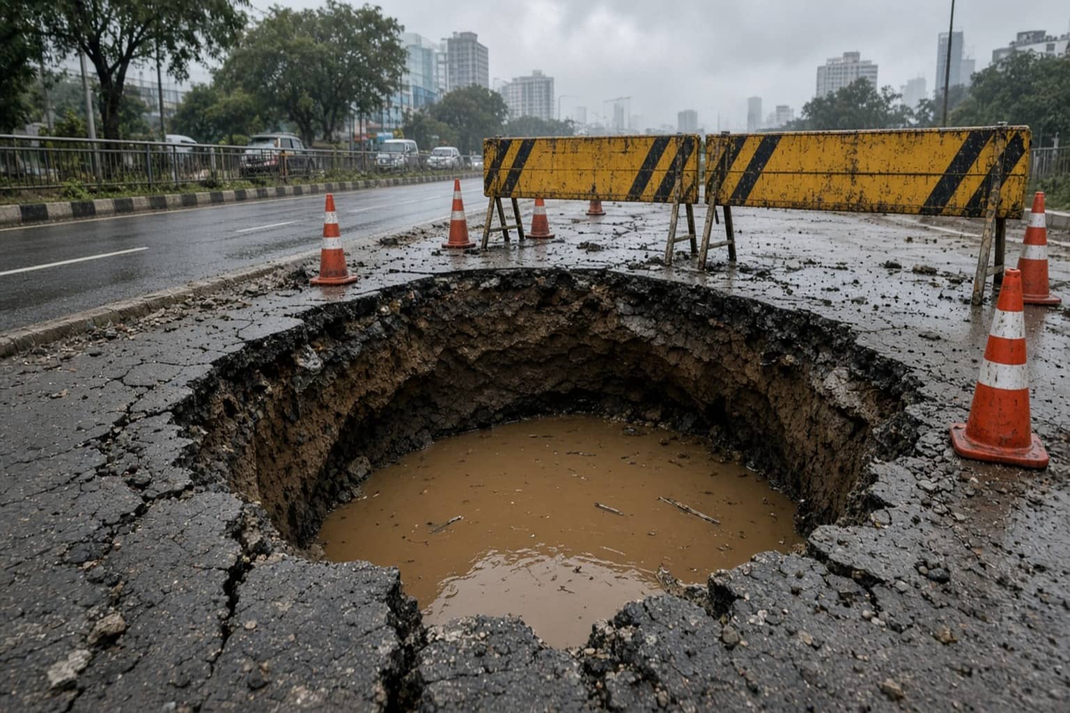 Barricaded sinkhole on the IFFCO Chowk service road in Gurugram