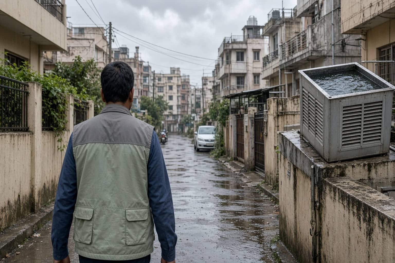 Health worker checking a Gurugram household for mosquito breeding after rain