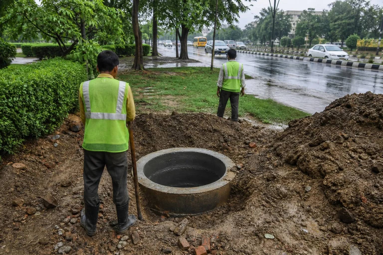 Rainwater standing on a Gurugram arterial road after a monsoon spell