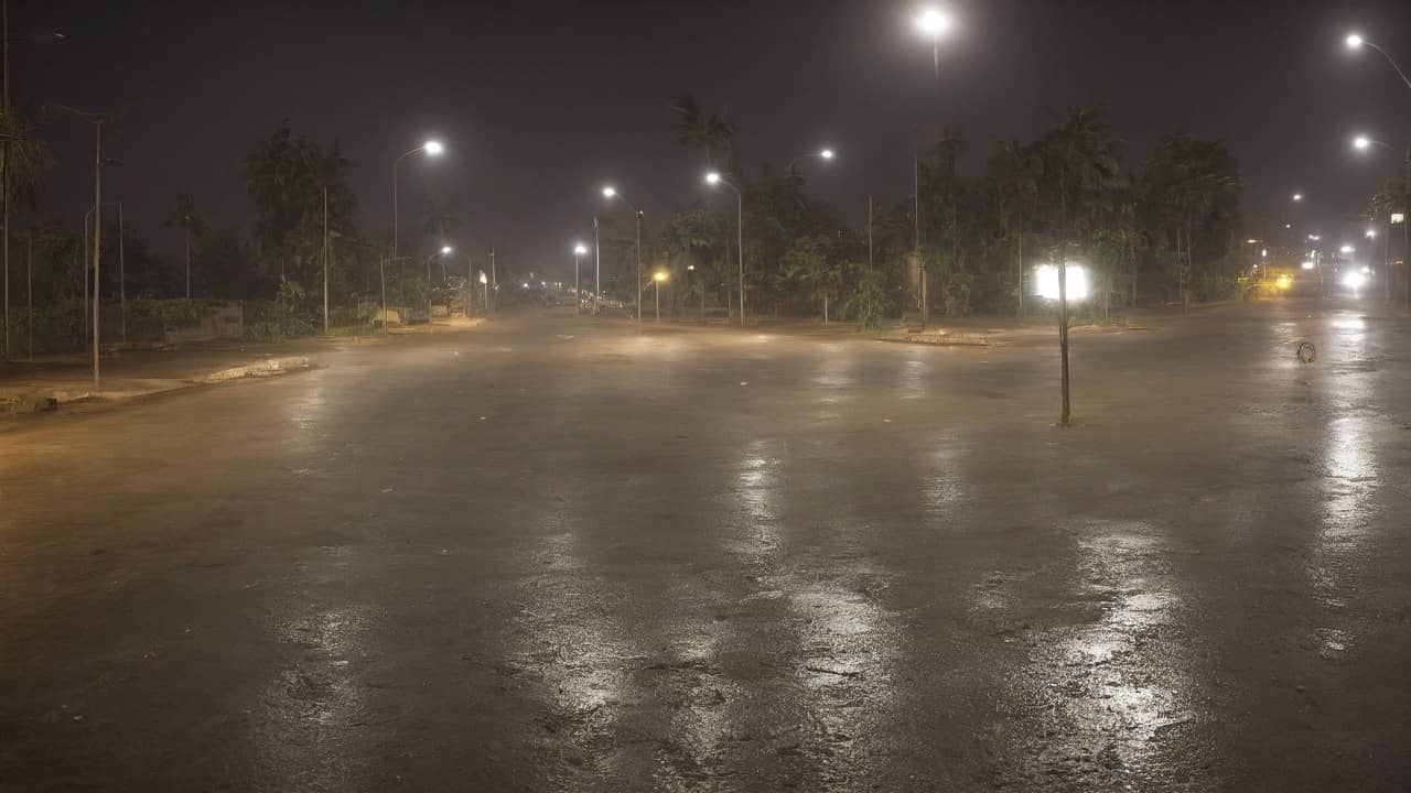 Illustrative photorealistic night view of an empty wet north Indian city crossroads under street lamps, no people, no vehicles close, no readable signs
