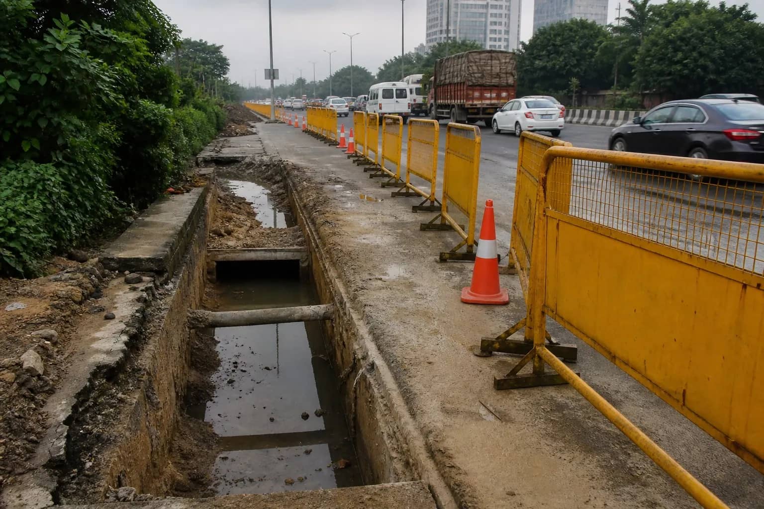 Barricaded Gurugram highway service road with a caved-in stretch