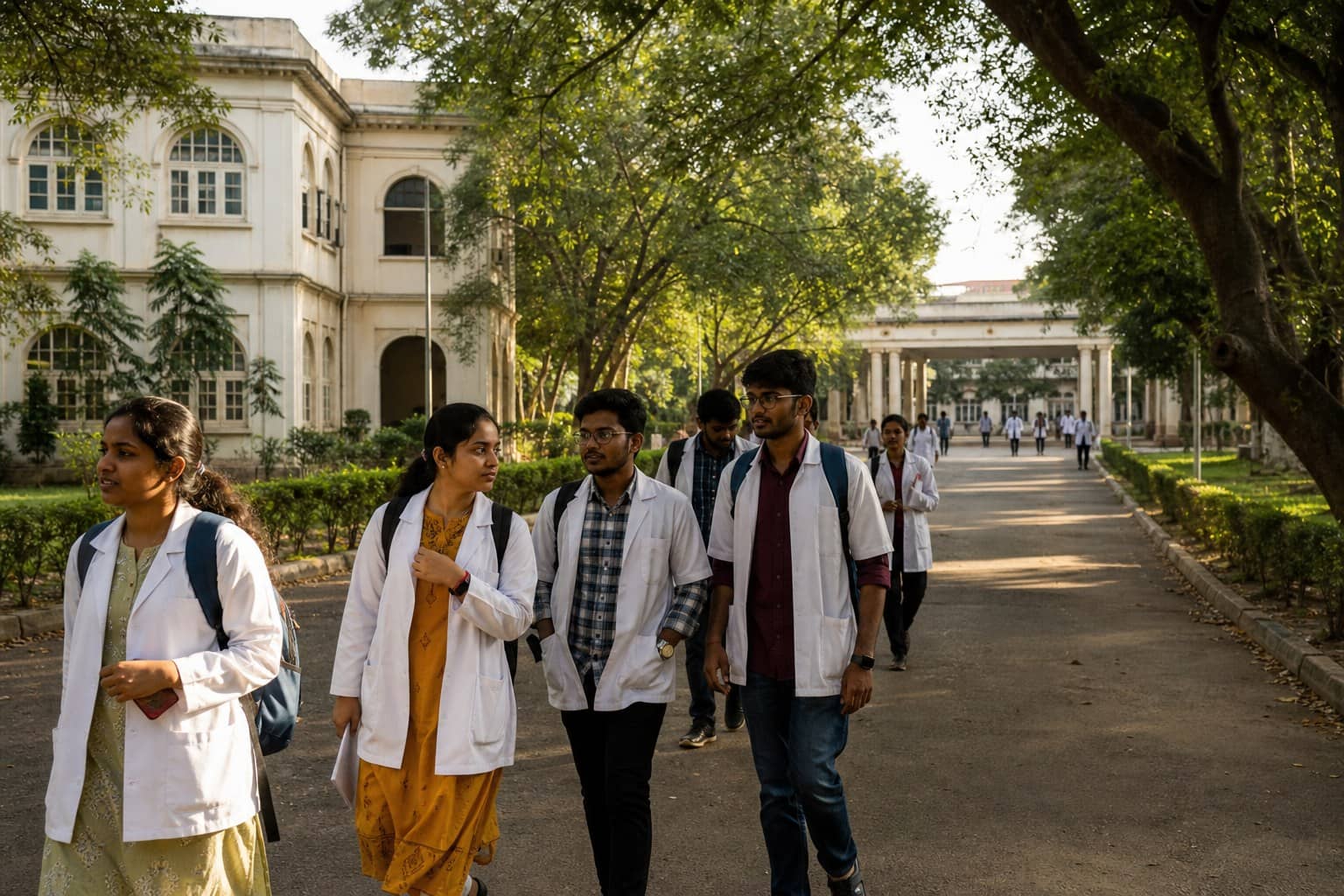 Representational illustration of a Tamil Nadu medical campus with students in white coats outside a counselling block