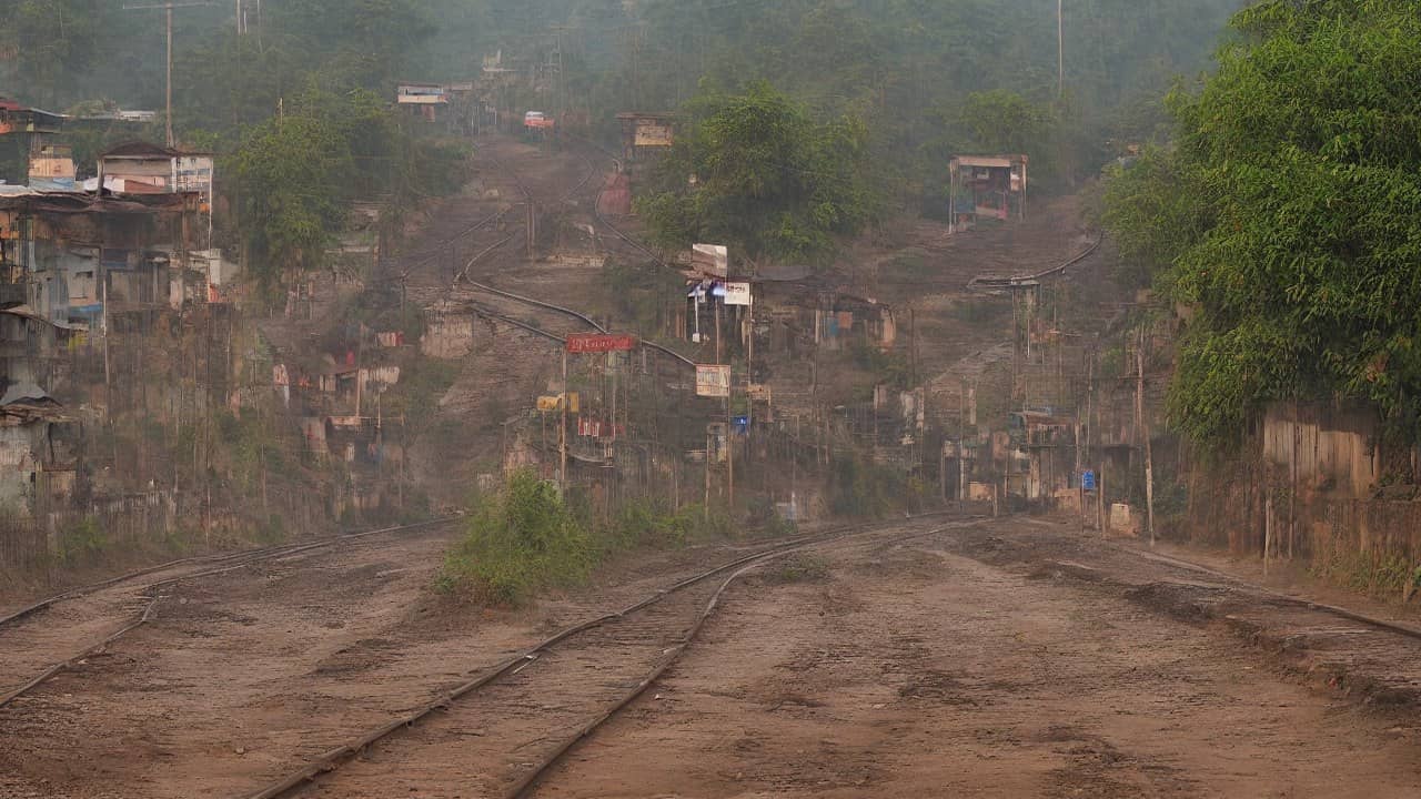 Illustrative photorealistic view of a dusty north Indian railway corridor with parallel tracks and distant shacks in haze, no people, no readable signs