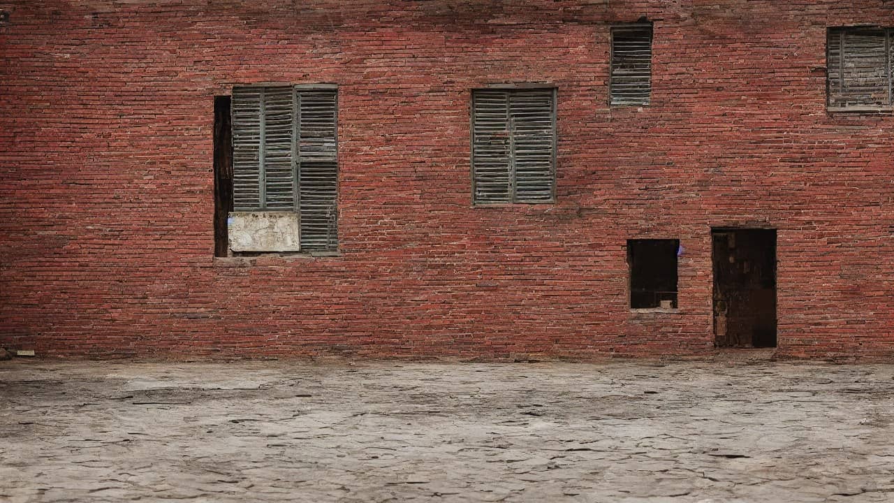 Illustrative photorealistic view of a weathered red-brick classroom block with closed grey shutters and a dark doorway on stone paving, no people, no readable signs