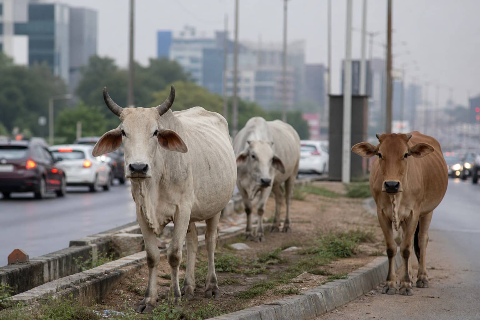 Stray cattle standing on a Gurugram service road near moving traffic