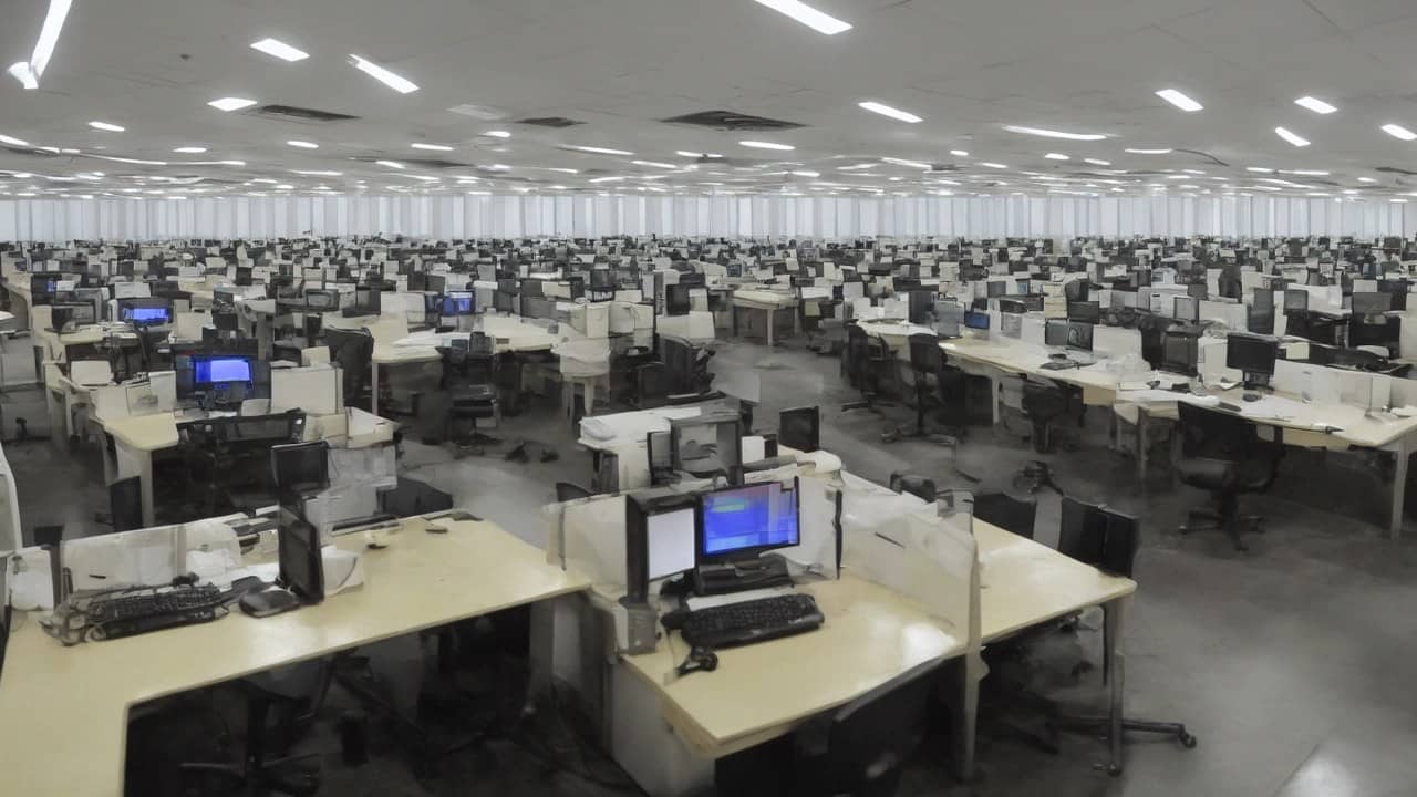 Photorealistic Indian police cyber-cell office at night with desktop computers showing blank dark screens, empty chairs and fluorescent lights, no readable text or logos