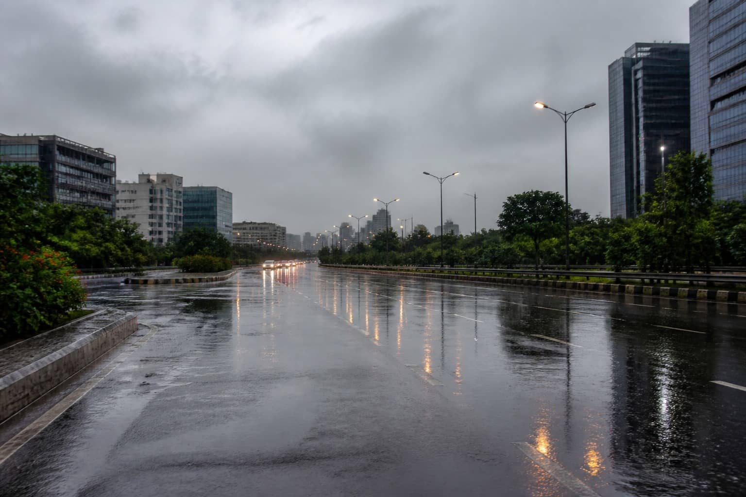 Dark monsoon clouds over a Gurugram sector skyline after a wet week