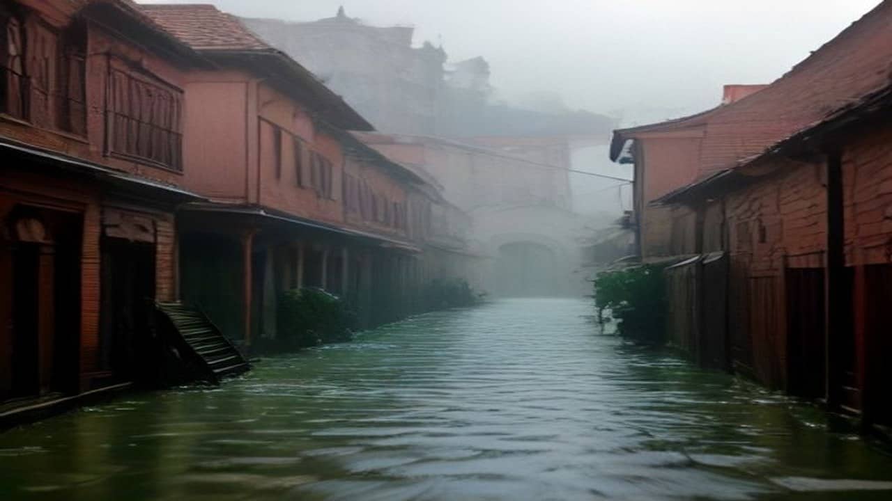 Photorealistic heavy monsoon rain falling on clustered old brick rooftops and wet inner courtyards under a grey sky, no readable shop signs or logos