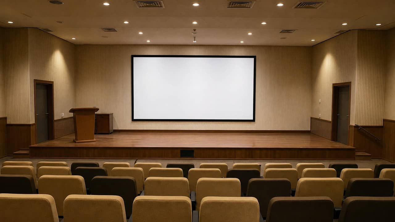 Photorealistic empty college auditorium with beige and brown seats facing a blank white projection screen, no logos or readable signs