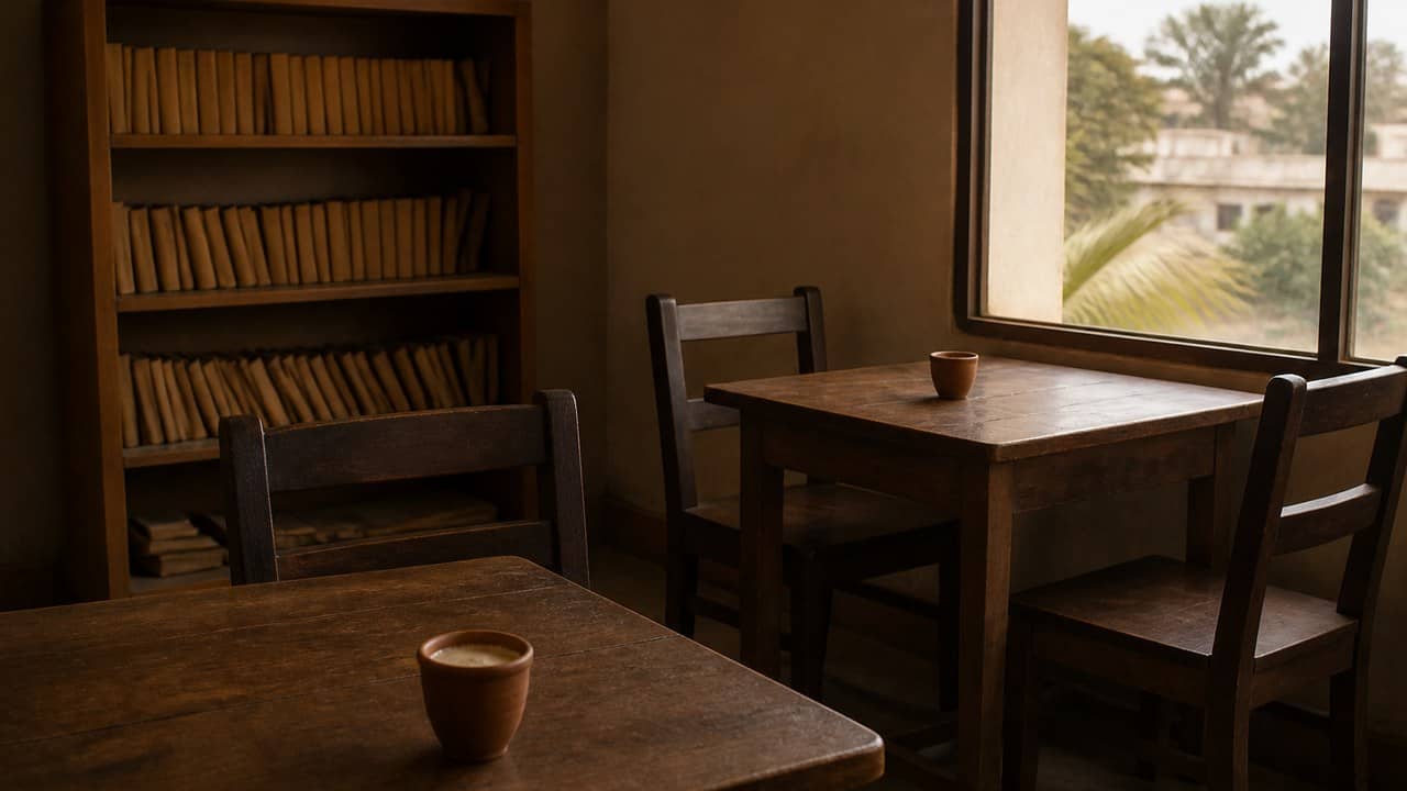 Photorealistic quiet cafe-library room with wooden tables, clay cups and a bookshelf of blank-spined books, no logos or readable signs
