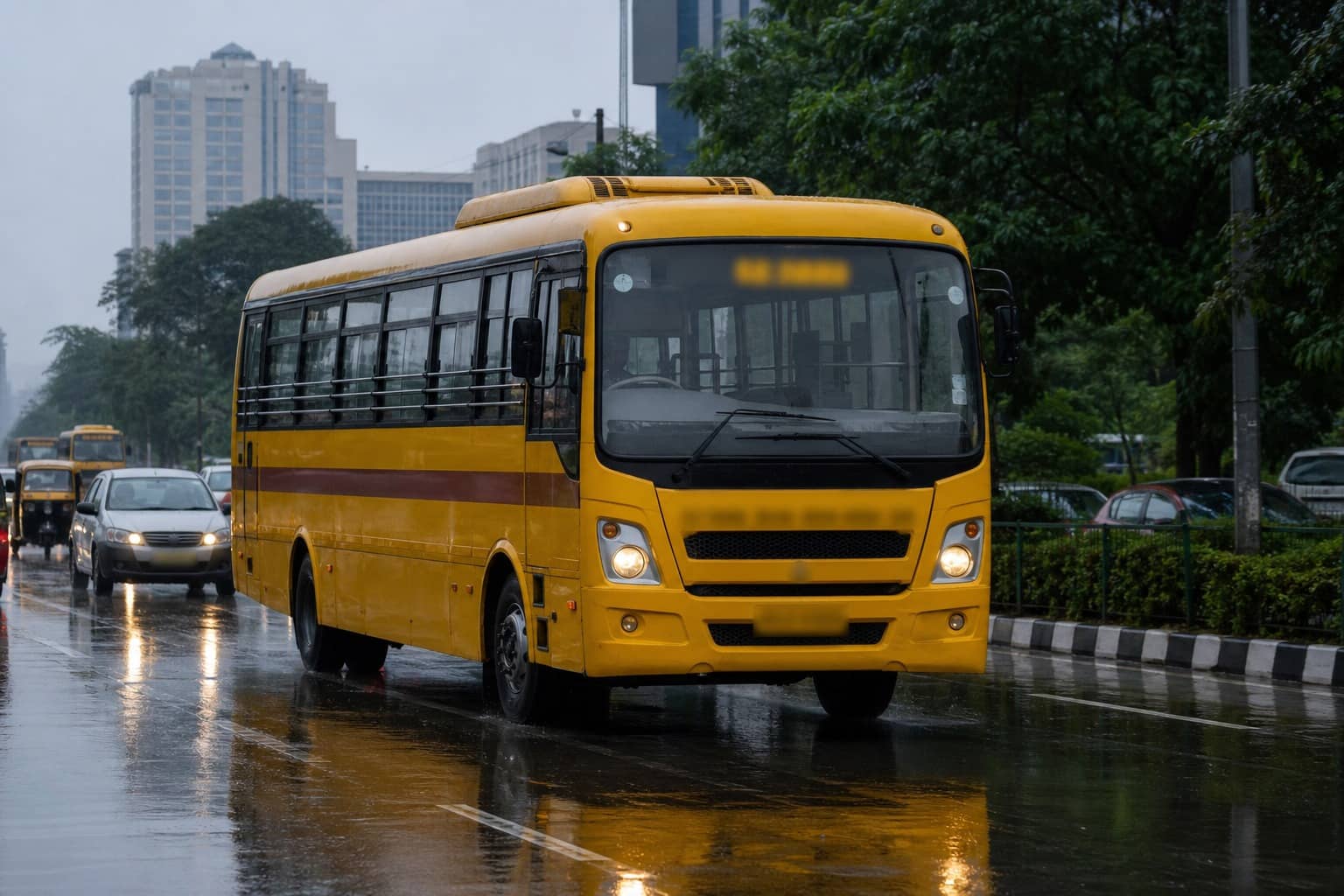 Yellow school buses waiting on a Gurugram road after rain