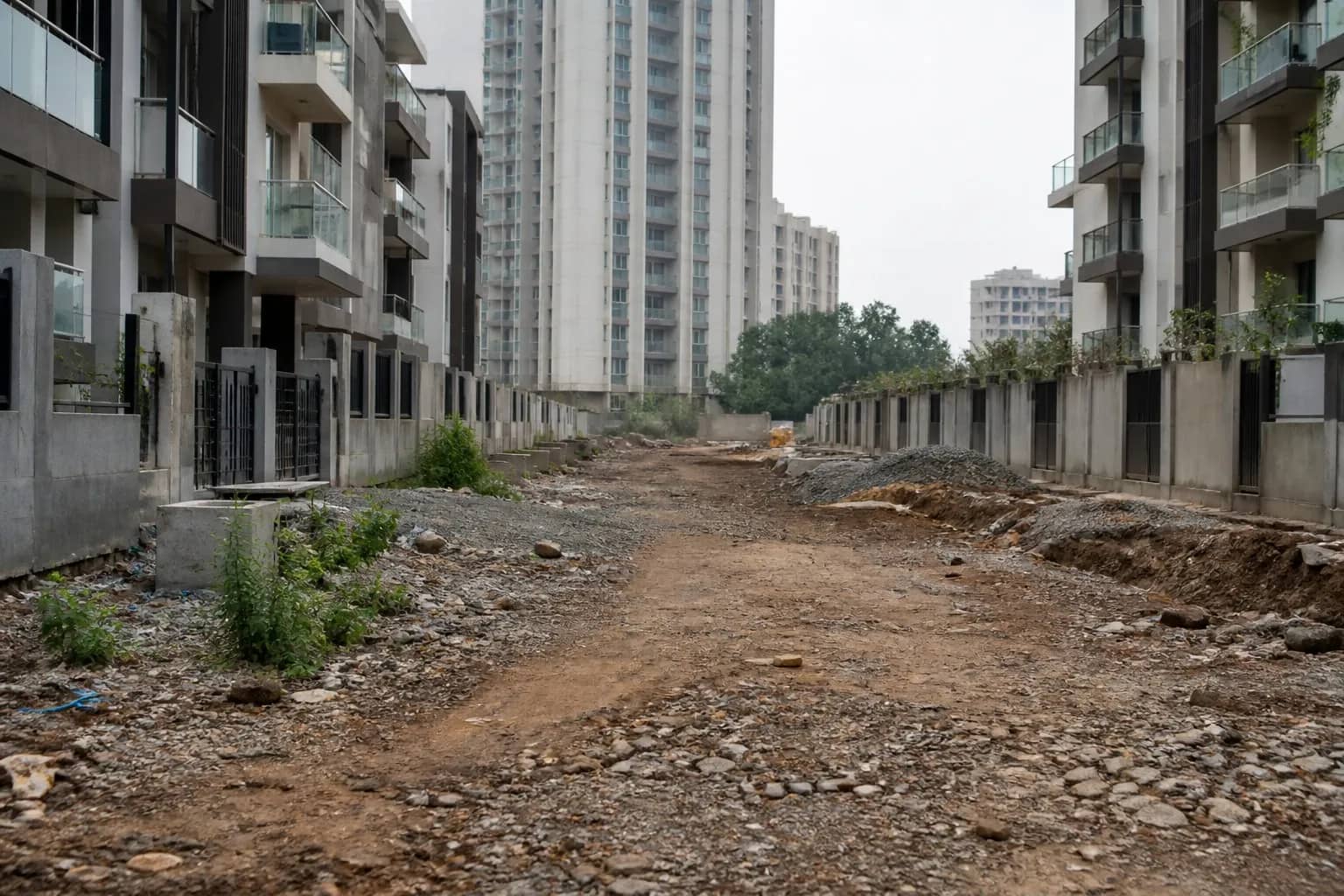 Narrow unfinished access road beside a Gurugram high-rise housing society