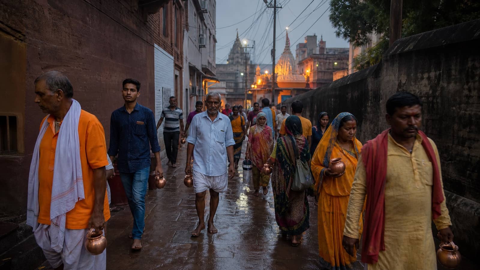 Devotees carrying water vessels through an old Varanasi lane for a temple jalabhishek