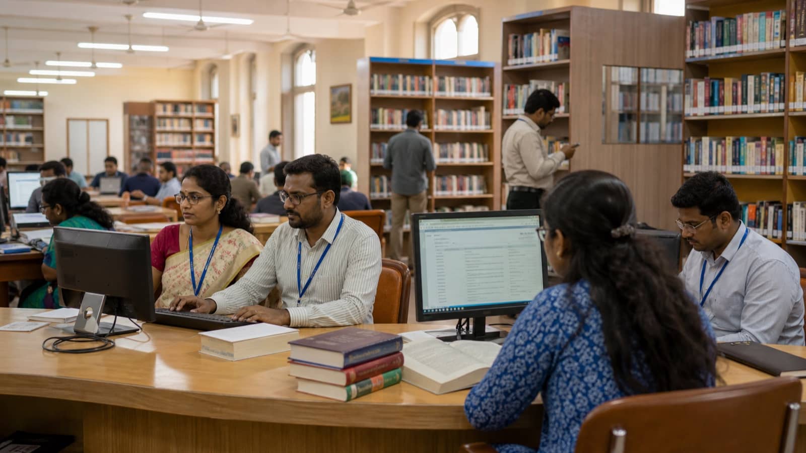 University librarians studying digital catalogues and AI tools in a modern library