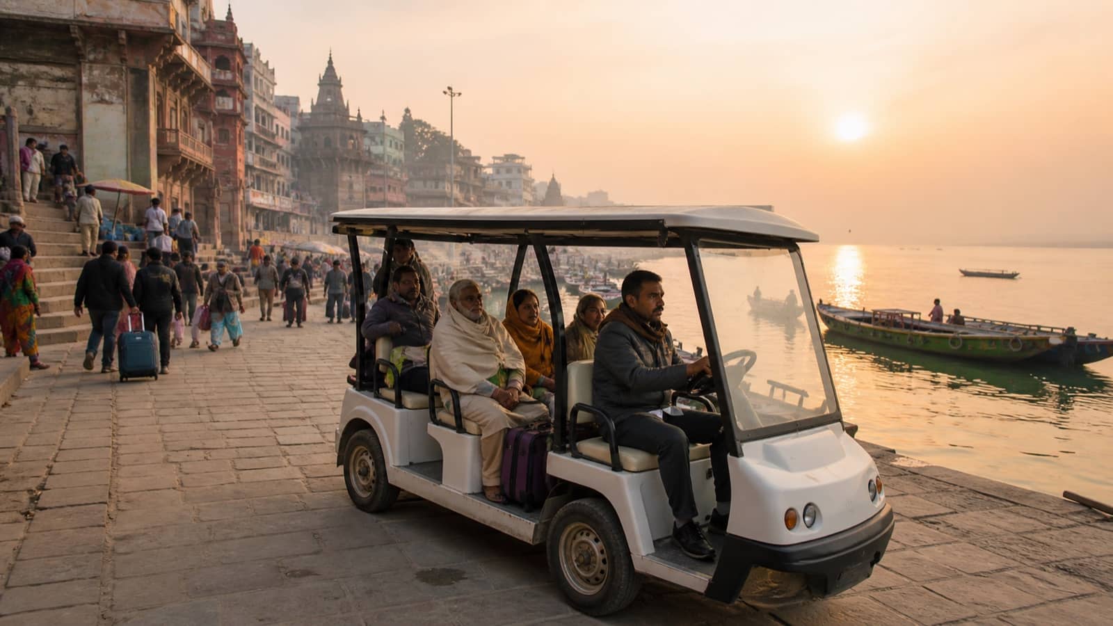 Travellers beginning a guided religious tour near a Varanasi ghat