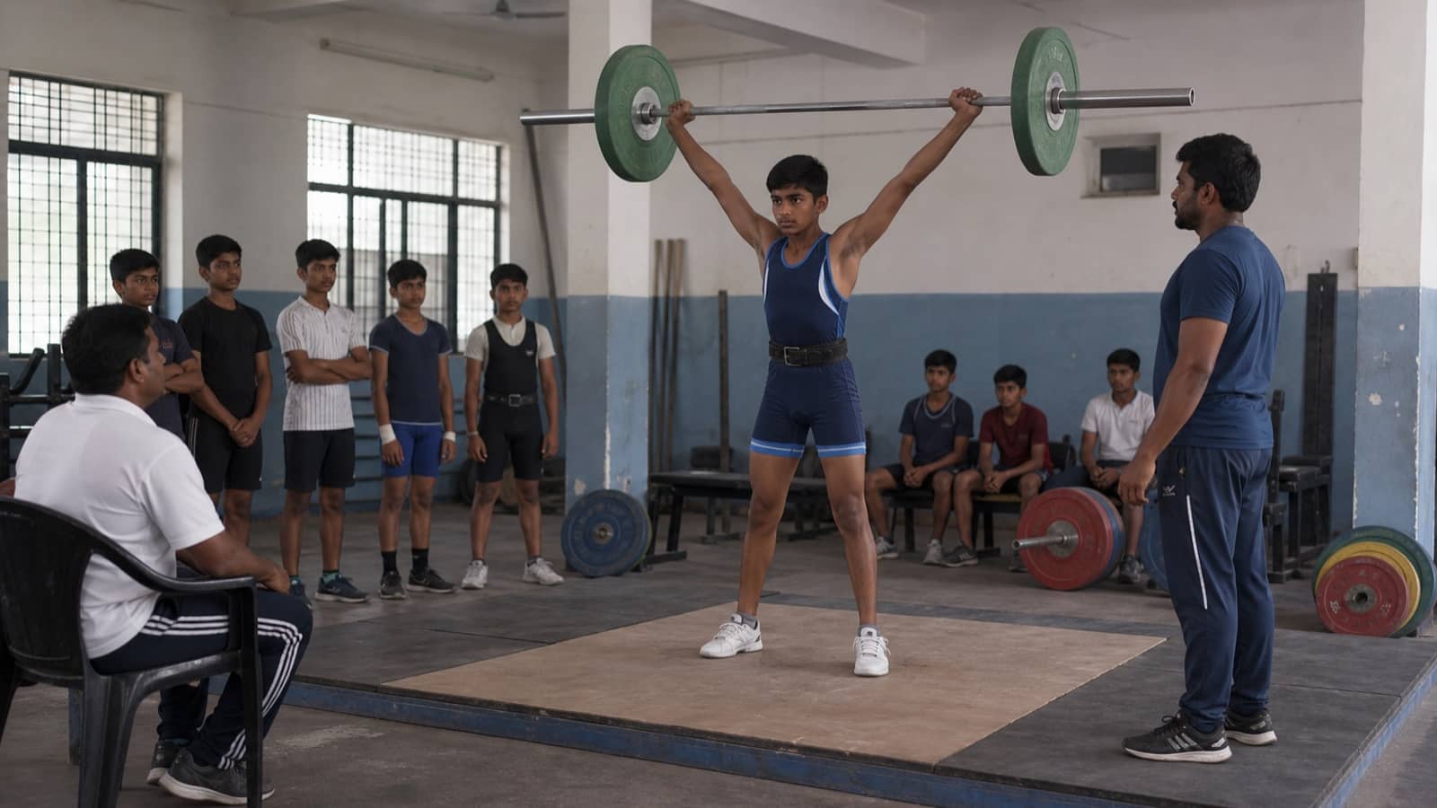 School athletes competing in a supervised district weightlifting event in Varanasi
