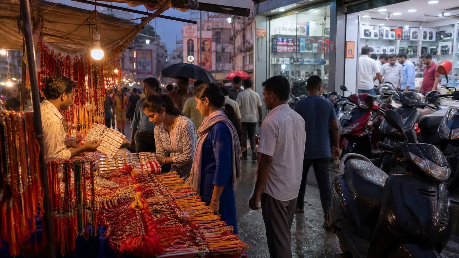 Raksha Bandhan shoppers browsing handmade rakhis and gifts in a busy Varanasi market