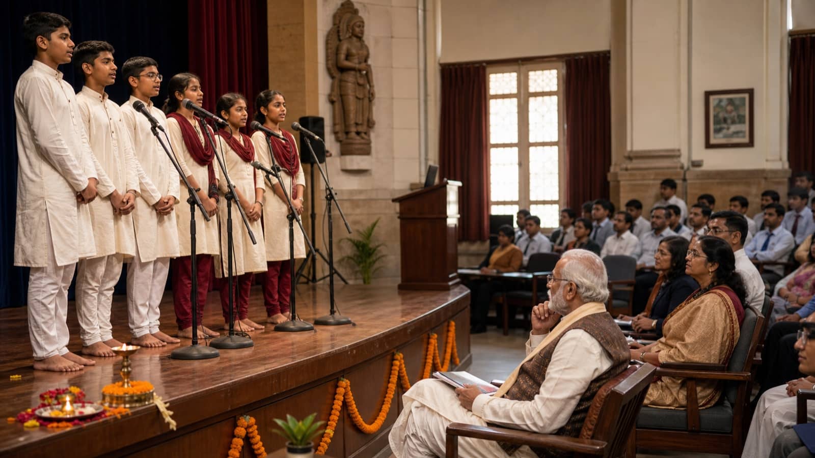 Students performing in a Varanasi school auditorium during a Sanskrit Day programme