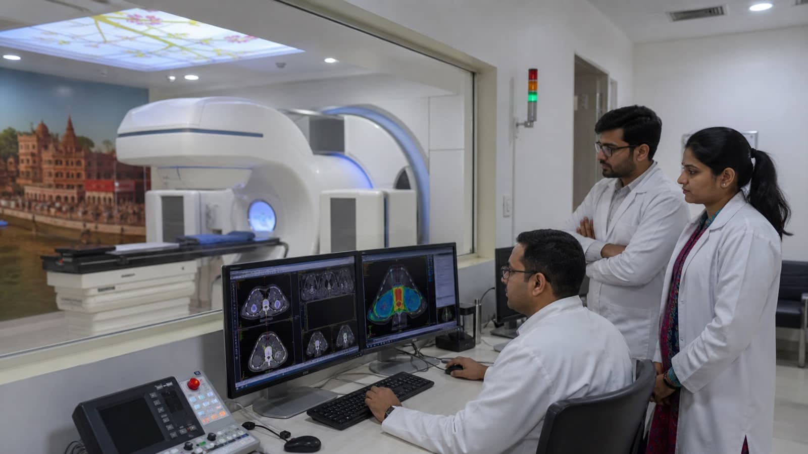 Clinicians at work in a modern radiotherapy department of a teaching hospital