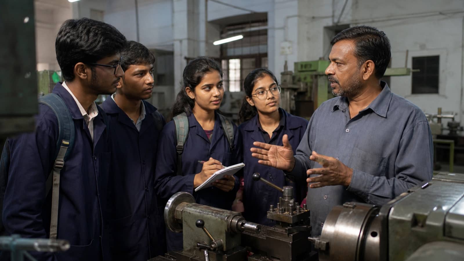 Technical students learning from an entrepreneur inside a small Varanasi manufacturing unit