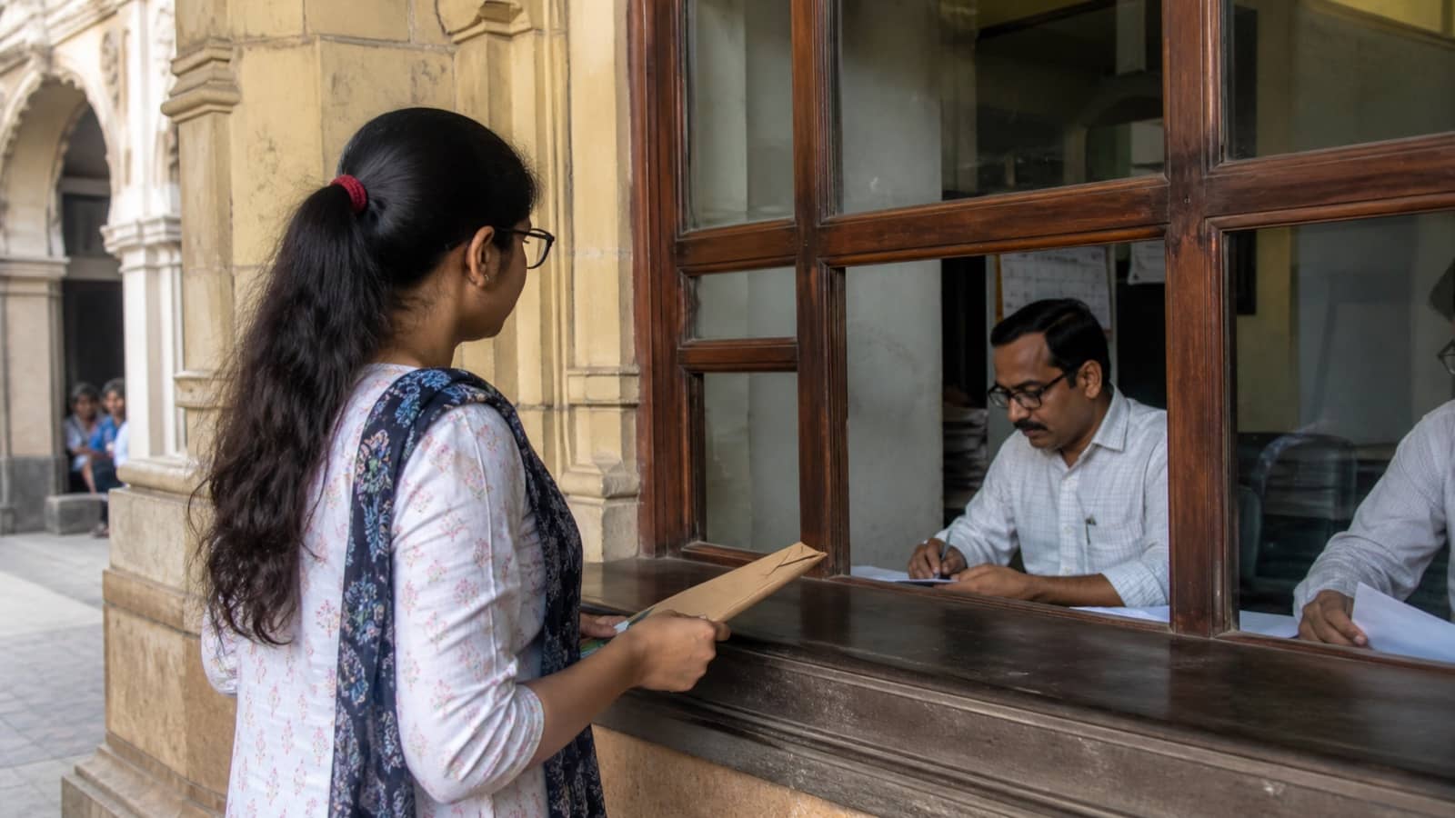 A student presenting documents at a college admission verification counter in Varanasi