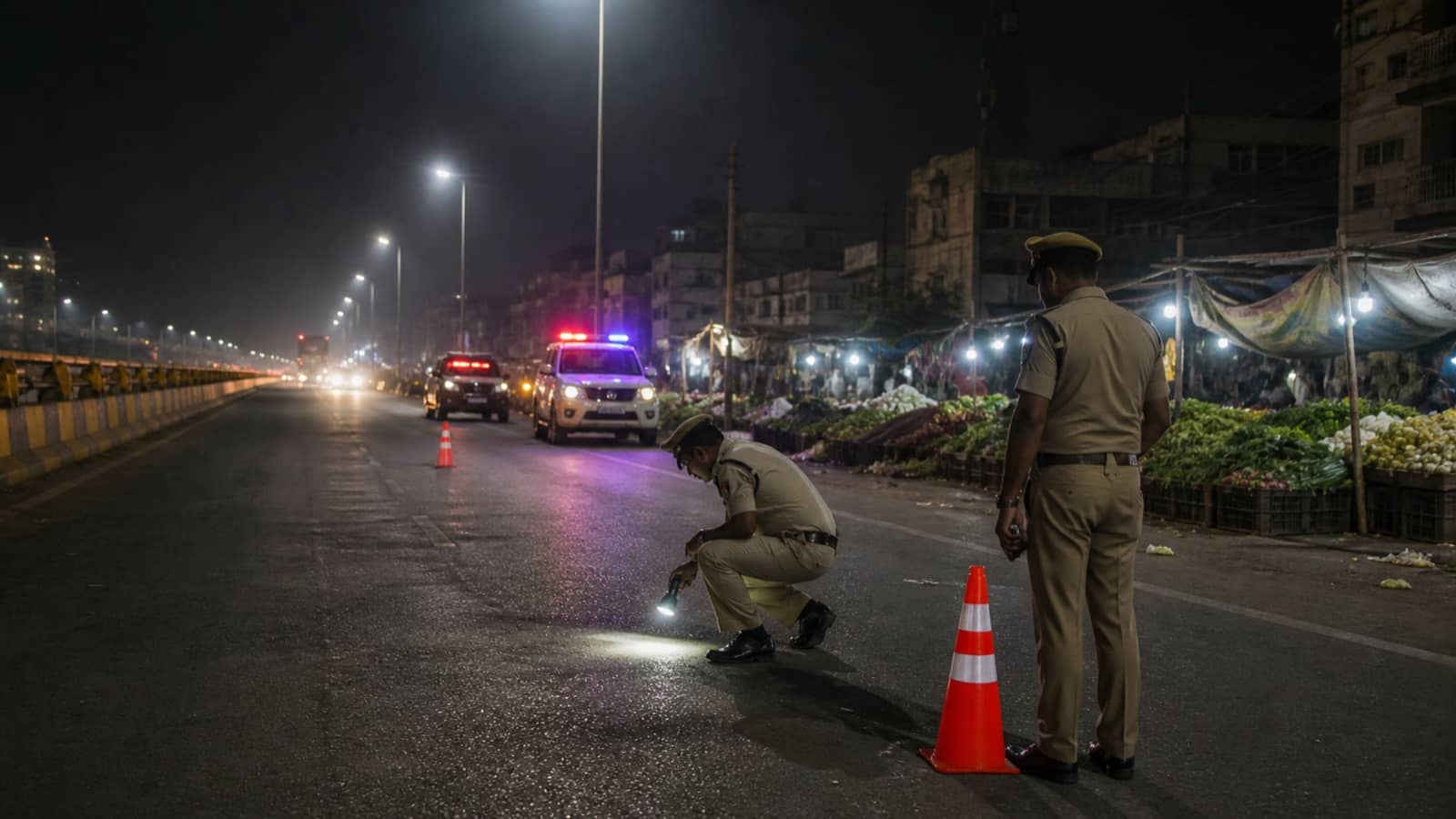 Police examining a highway at night near Chitraseenpur outside Varanasi