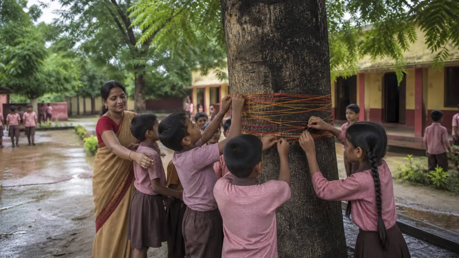 Primary schoolchildren tying handmade threads around trees in a green courtyard near Varanasi