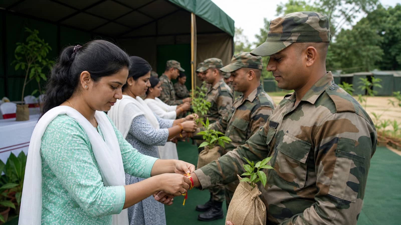 A Raksha Bandhan ceremony with saplings at a task-force camp in Varanasi