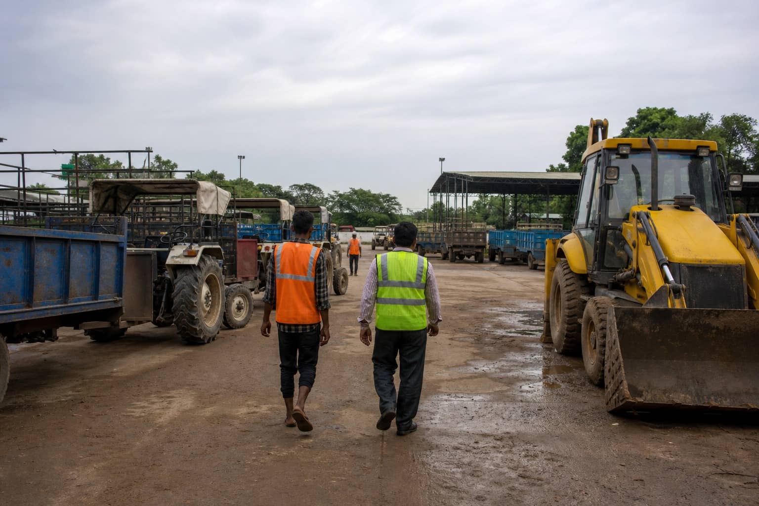 Tractor-trolleys and earthmovers at a Gurugram municipal yard