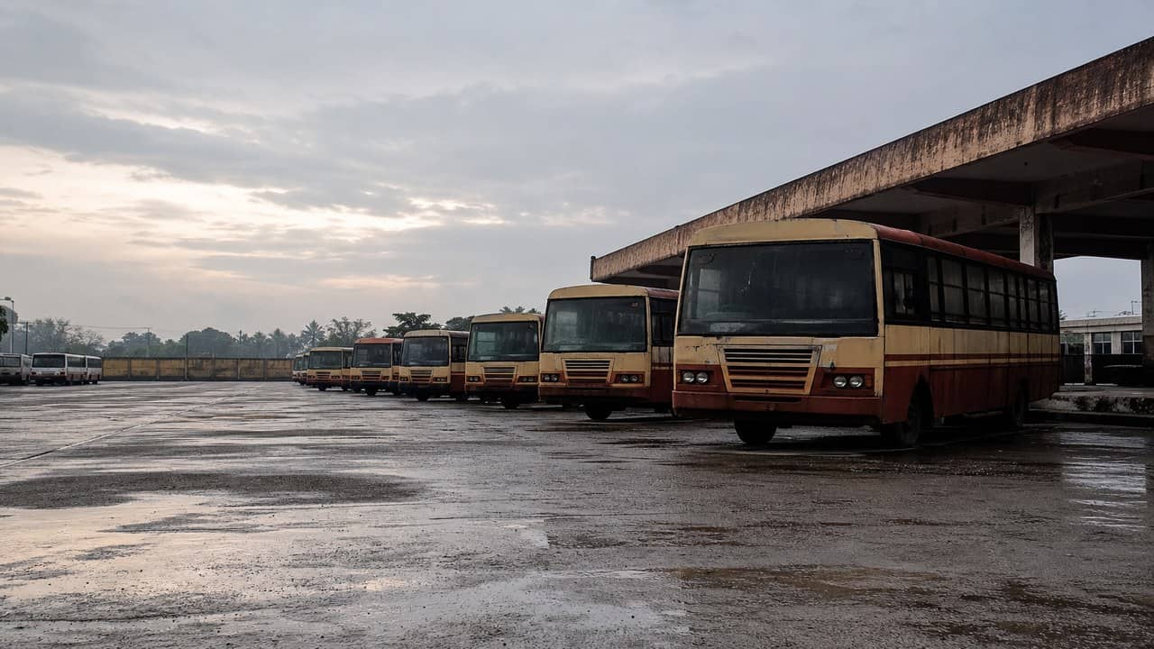 Photorealistic empty Indian intercity bus depot at early morning, parked buses receding on wet concrete under overcast light, no people, no readable boards or logos