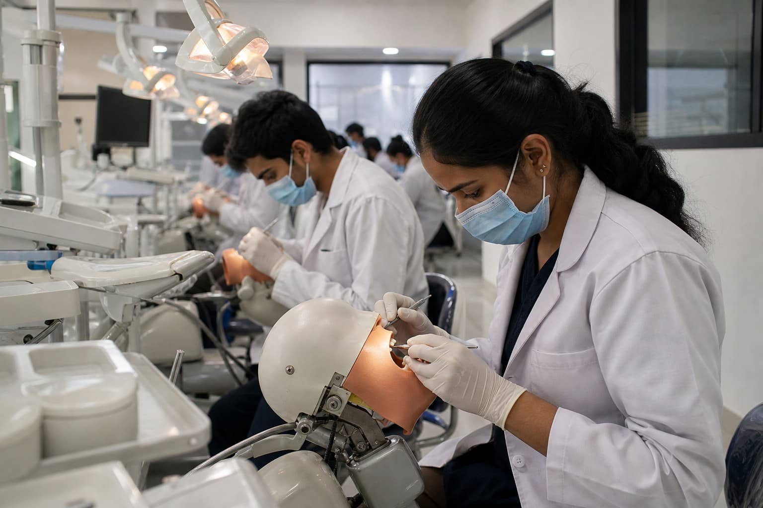 Representational illustration of dental students practising on phantom-head mannequins in a clinic lab