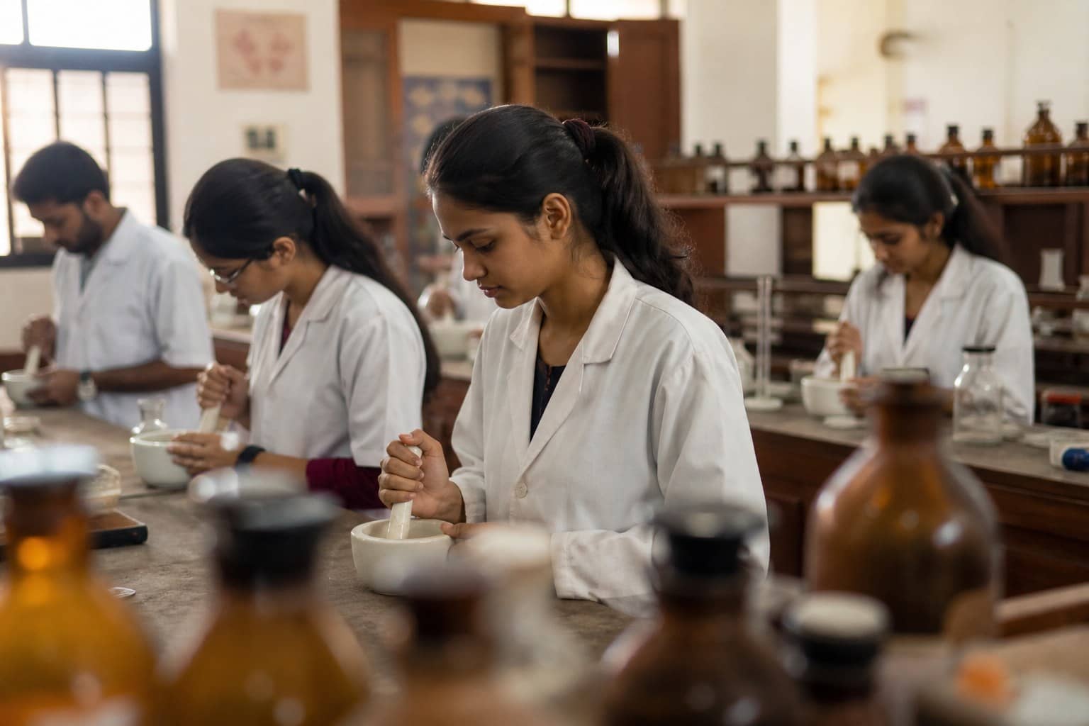 Representational illustration of pharmacy students grinding with mortars at a wooden lab bench