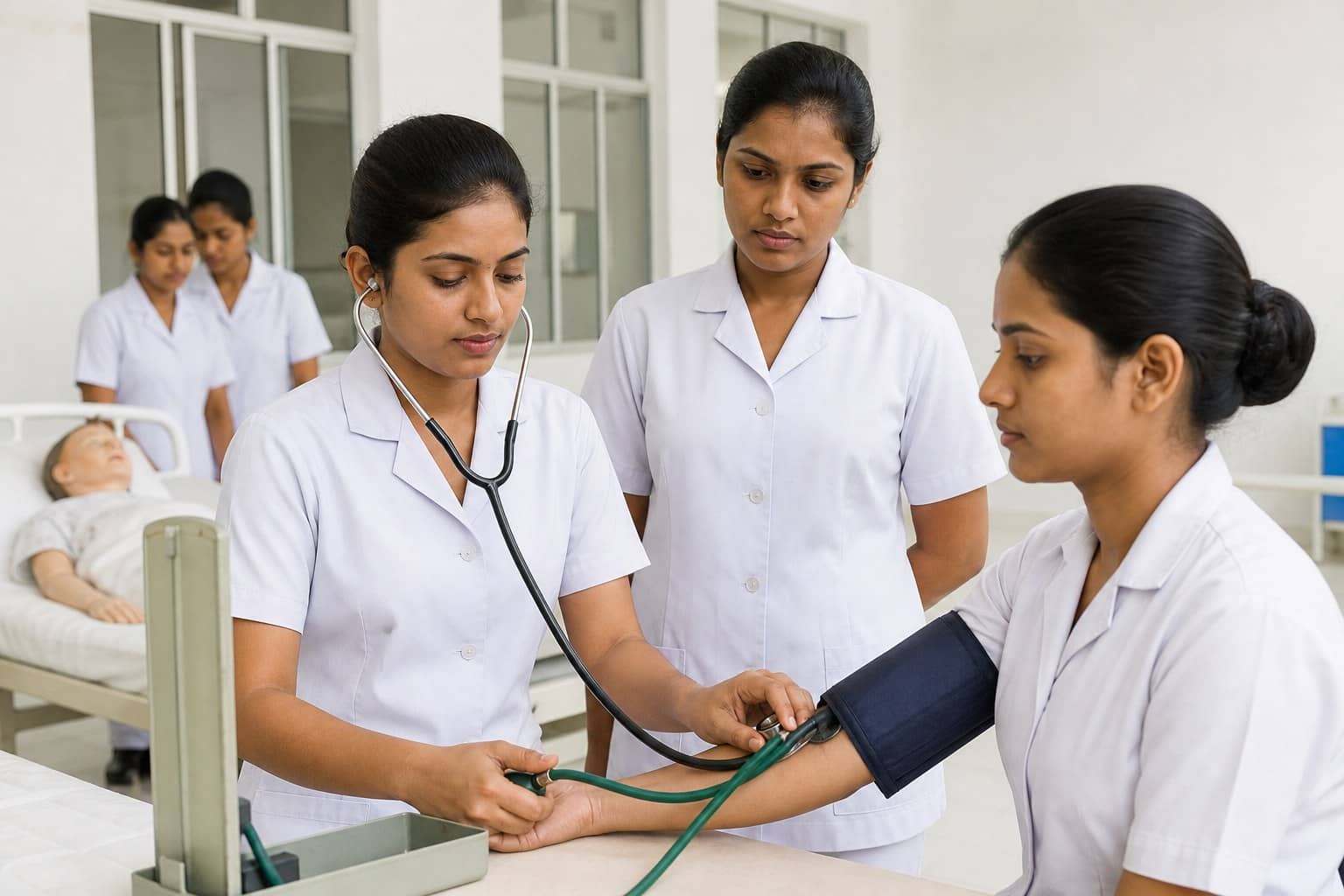 Representational illustration of nursing students practising blood-pressure measurement in a training ward