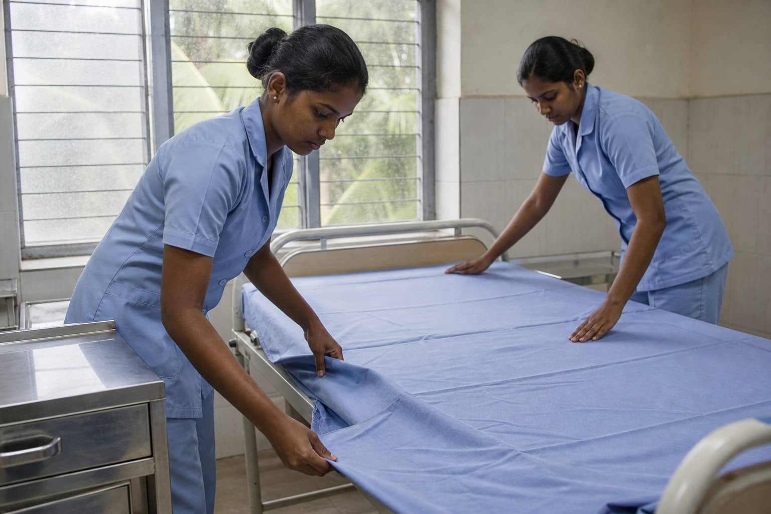 Representational illustration of two nursing students making a hospital bed in a training ward