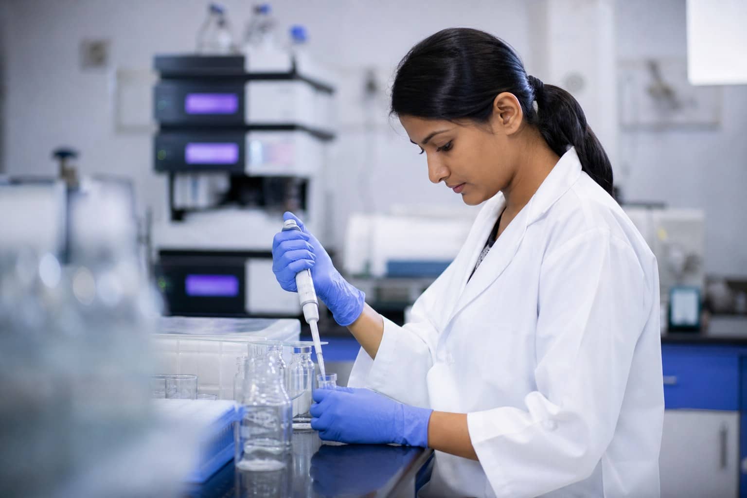 Representational illustration of a woman in a lab coat pipetting liquid into a glass vial